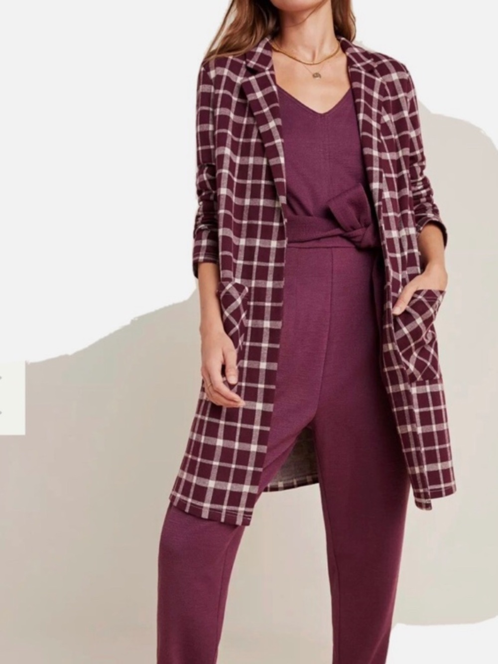Anthropologie Harlyn Melrose Plaid Duster Size Medium Petite Burgundy & Beige